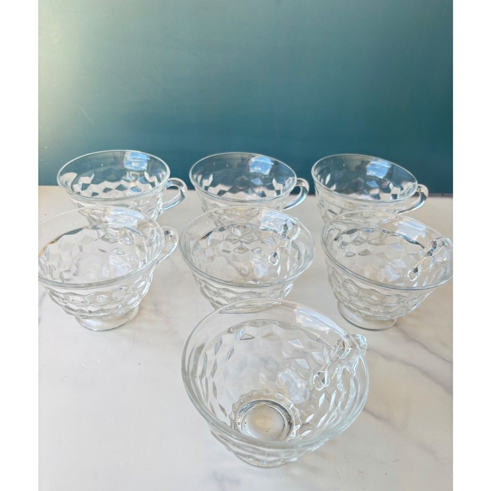 Vintage Fostoria Clear Pressed Glass Cubist Tea Cups Set of 7 Footed Honeycomb